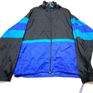 VTG Cheetah Windbreaker Jacket Men XL Blue BlackMesh Lined Hooded Long Sleeve